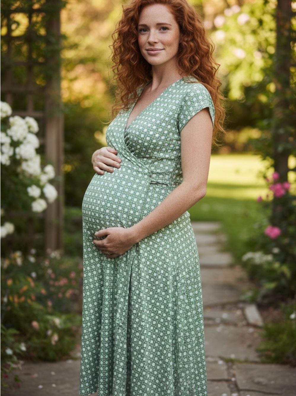 Leota Maternity Faux Wrap Midi Dress in Sage Green Geometric Made in NEW YORK